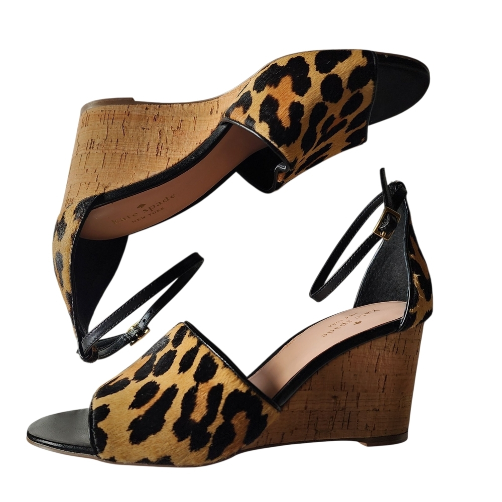 Kate Spade New York Lonnie Leopard Printed Calf Hair Wedge Sandals - 8M - Picture 6 of 13